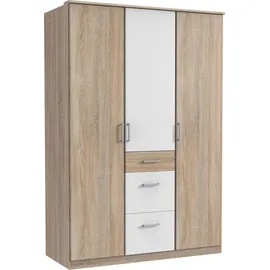 freiraum Kleiderschrank "Click" aus Spanplatte in Eiche-Sägerau-Nachbildung mit 3 Schubladen und 3 Türen. Abmessungen (B/H/T) 135x198x58 cm - Weiß