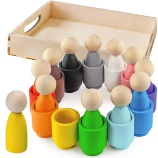 Ulanik Peg Puppen in Tassen Montessori Spielzeug Holz Sorter Spiel 12 GNOME 85mm Alter 3+ Farbe Sortierung und Zählen Peg Puppen Vorschule Lernen Bildung