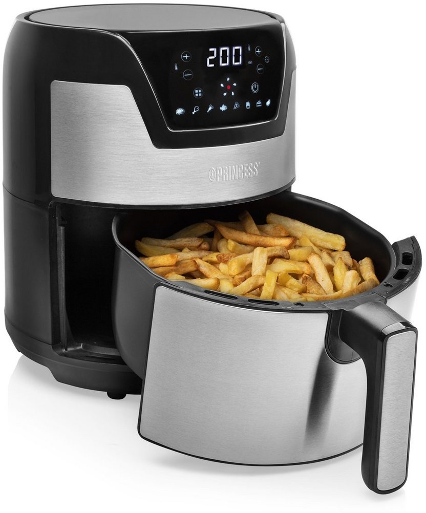Produktbild PRINCESS Heißluftfritteuse, 1500 W, Digitale 4,5Ltr. Umluft Fritteuse, Fritöse ohne Öl fettarm frittieren schwarz|silberfarben