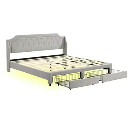Merax Polsterbett, LED Beleuchtung Doppelbett 2 Schubladen 180x200cm Leinen, grau