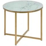 VCM ebuy24 Couchtisch, Weiß, Holzwerkstoff, 50x42x50 cm in Glas mit Marmor print und einem Gestell aus goldenen Chrom.