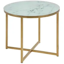 VCM ebuy24 Couchtisch, Weiß, Holzwerkstoff, 50x42x50 cm in Glas mit Marmor print und einem Gestell aus goldenen Chrom.