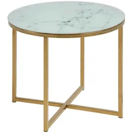 VCM ebuy24 Couchtisch, Weiß, Holzwerkstoff, 50x42x50 cm in Glas mit Marmor print und einem Gestell aus goldenen Chrom.