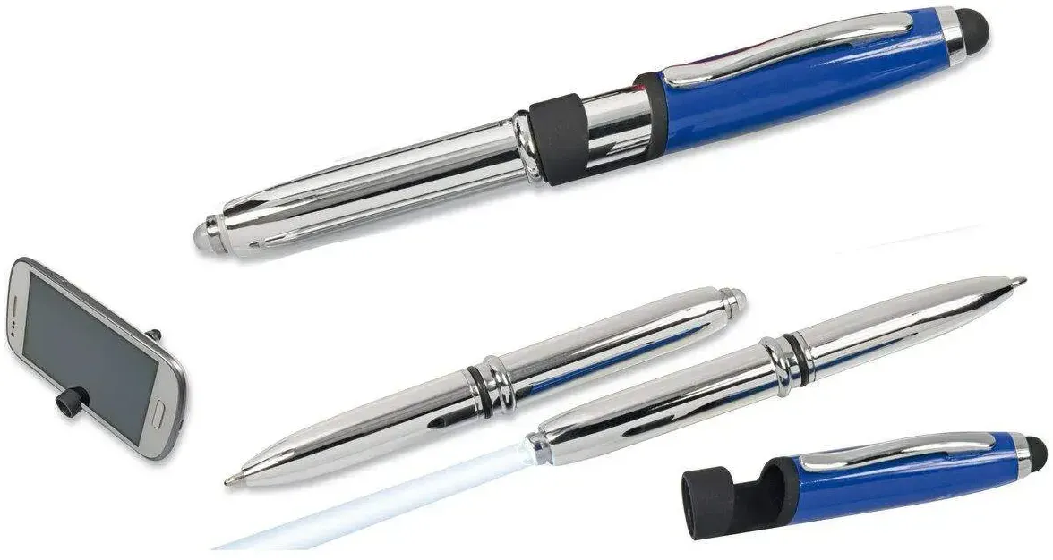cuurts LED Touchpen Kugelschreiber mit Licht und Smartphone Halterung, silber-blau, 10 Stück