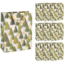 IDENA 90397 - Geschenktaschen Tannenbaum, 10 Stück in Grün-Gold, Papiertüten in der Größe 23 x 18 x 8 cm, Geschenktüten für Weihnachten