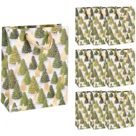 IDENA 90397 - Geschenktaschen Tannenbaum, 10 Stück in Grün-Gold, Papiertüten in der Größe 23 x 18 x 8 cm, Geschenktüten für Weihnachten