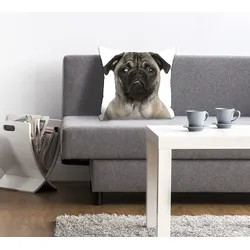 Dekokissen QUEENCE "Mops", schwarz (beige, schwarz, bedruckt), B:40cm L:40cm, Polyester, Dekokissen_Sitzkissen_Kissenhüllen, mit einem Mops