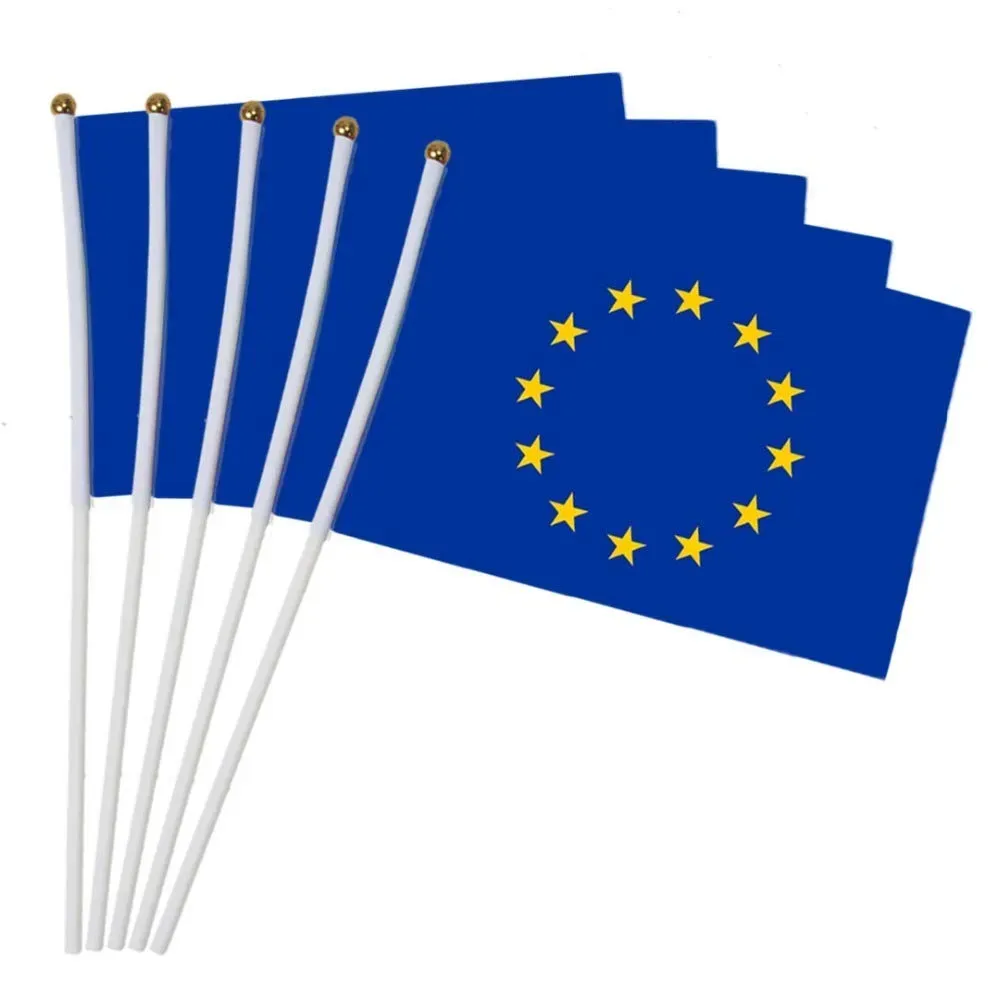BYFRI 10pcs Europäische Union Flag Hand Flagge Eu Flagge Polyester Schreibtisch Auto Euro Nationalen Hand Flaggen (14x21cm)