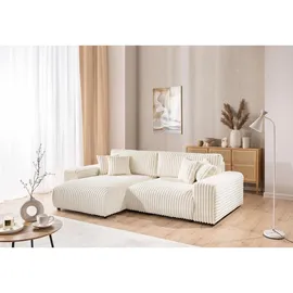 s-style möbel Mollis - Ecksofa mit Schlaffunktion und Bettkasten aus Hellbeige Plüschcord mit schöner Sitzkomfort