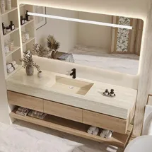 360Home Wandhängendes Waschbecken-Set - Sinterstein - Travertine look, mit Spiegel, Unterschrank, Ablage & Ablauf, mit Armaturenloch 120×55 cm【YT9865-1...