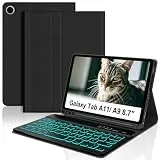 Tiiomioon Hülle mit Tastatur für Samsung Galaxy Tab 8,7" A11 2025/ A9 2023, Bluetooth Tastatur für Samsung Tab A11 mit 7-farbige Hintergrundbeleuchtung Schutzhülle mit Stifthalter, Schwarz
