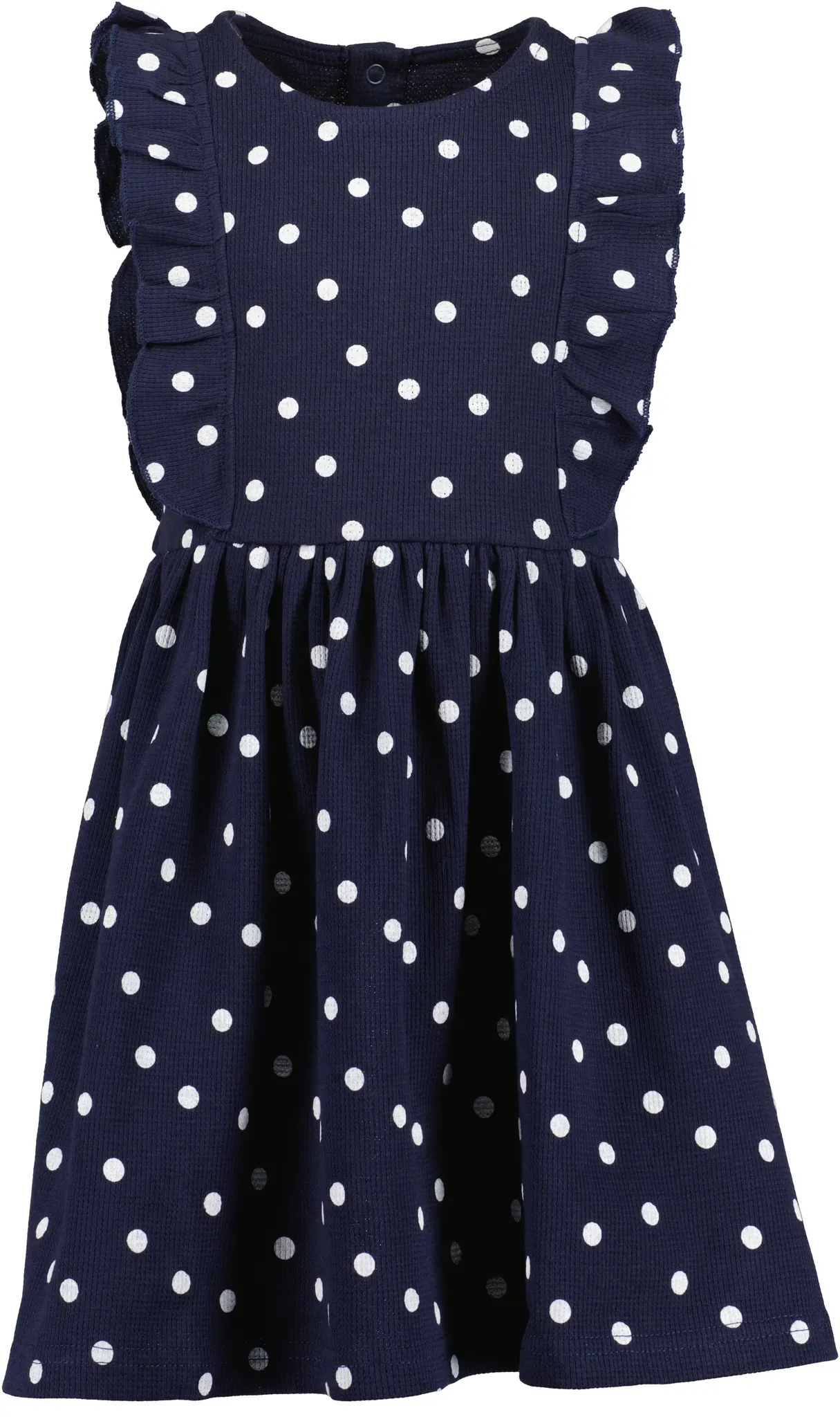 Sommerkleid BLUE SEVEN, Mädchen, Gr. 128, N-Gr, blau (nachtblau), Jersey, Obermaterial: 100% Baumwolle, regular fit knielang, Rundhals, Rüschen, Kleider Sommerkleid, mit tollen Volants und mit kleiner Knopfleiste im Rücken