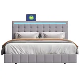 Merax Polsterbett 140 x 200 cm, gepolsterter Schwebebettrahmen mit LED-Leuchten, Doppelbett, Gästebett, Leinen, Grau