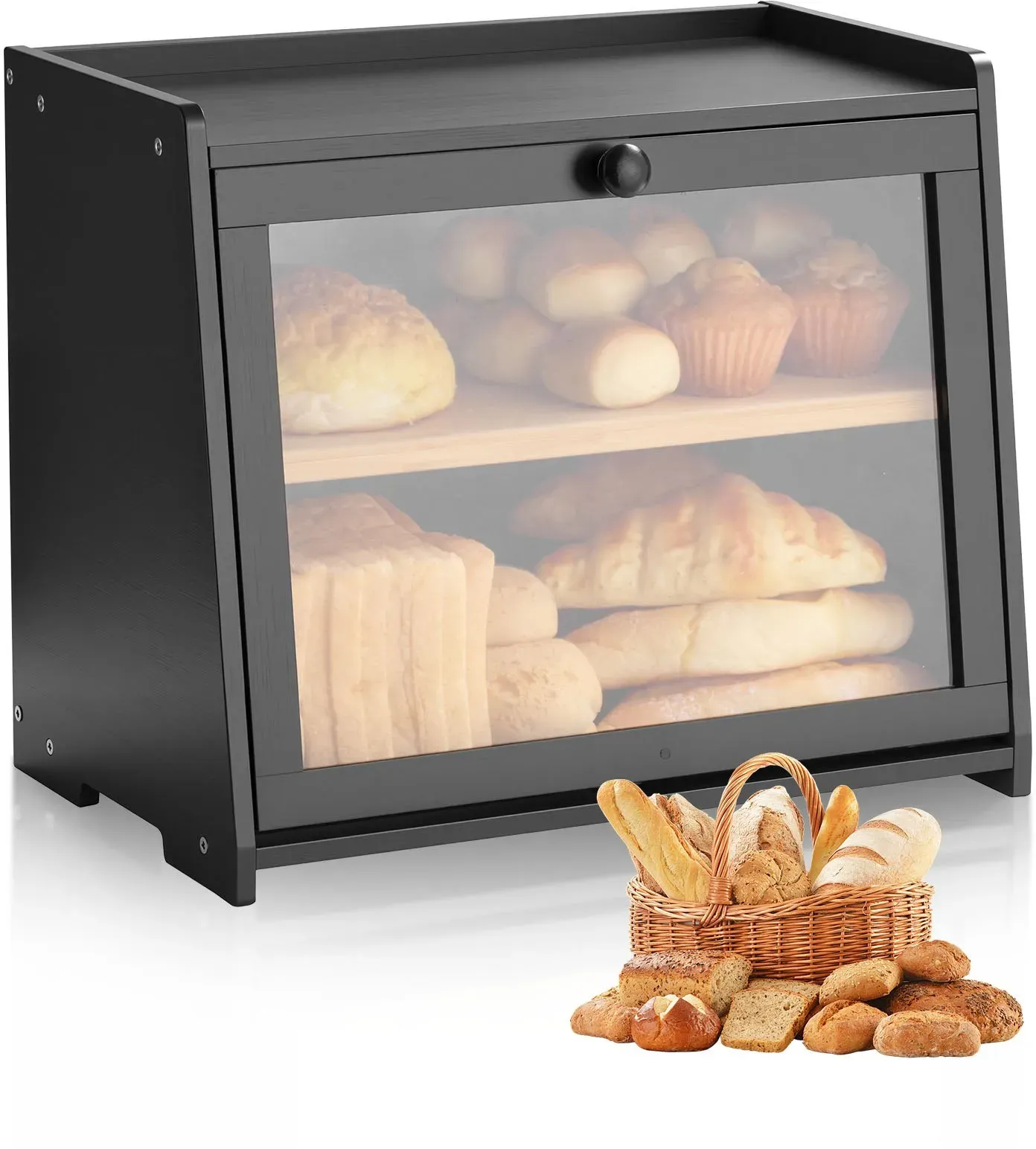 VEVOR Doppellagiger Brotkasten für Küchentheke Brotbehälter Brotbox Organizer aus Holz für selbstgebackenes Brot, Aufbewahrungsbehälter mit gewellter Acryl-Türplatte, Brotaufbewahrung Schwarz