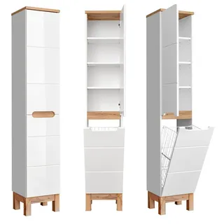 Lomadox Solna-56 Hochschrank 35 x 187 x 33 cm Hochglanz Weiß/Wotaneiche MDF