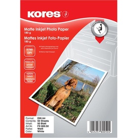 Kores Inkjet Fotopapier Matt A4 (180 g/m2, A4, 1 x), Fotopapier, Weiss