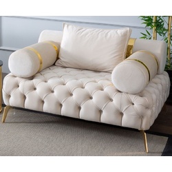 Casa Padrino Luxus Chesterfield Sessel Creme / Gold 130 x 115 x H. 70 cm - Chesterfield Wohnzimmer Sessel - Wohnzimmer Möbel - Chesterfield Möbel - Luxus Möbel - Luxus Einrichtung - Möbel Luxus
