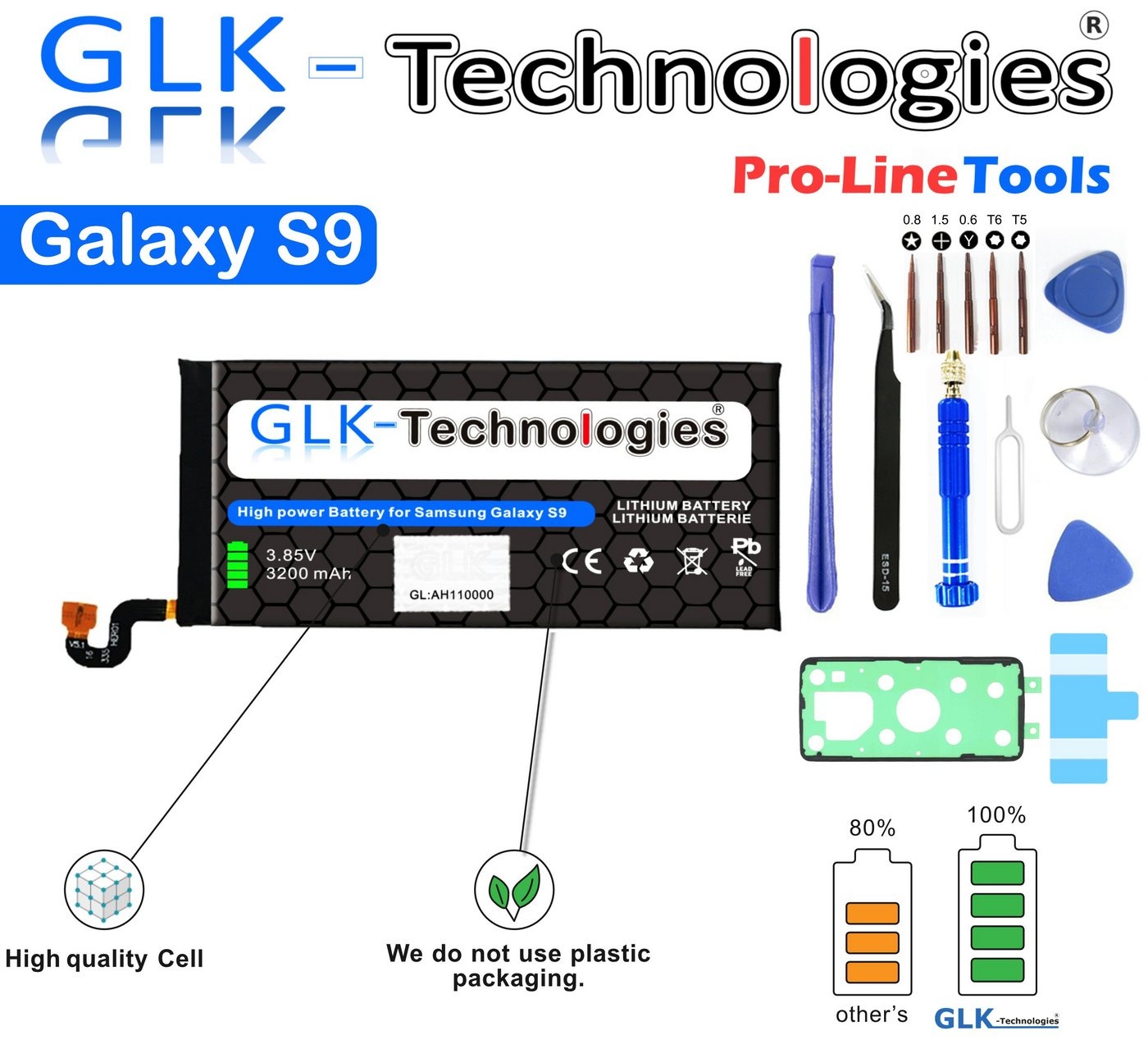 GLK-Technologies High Power Ersatzakku kompatibel mit Samsung Galaxy S9 SM-G960F/DS EB-BG960ABE Smartphone-Akku 3200 mAh (3.85 V)