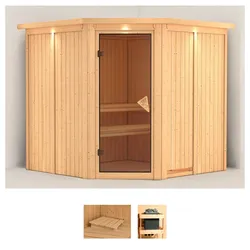 Sauna KARIBU "Jarin", beige (naturbelassen), ohne Ofen, (ohne Ofen), Saunen, ohne Ofen
