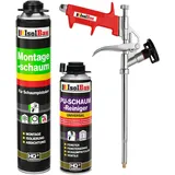 Isolbau Bauschaum-Set - Inkl. 1 x 1K Montageschaum B2 Pistolenschaum mit hervorragender Schall und Wärmedämmung (je 750 ml), 1 x PU-Schaum-Reiniger (500 ml) & 1 x Schaumpistole, Dämmen