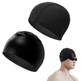 SEABABOO Elastische Badekappen, 2 Stück Silikon-Schwimmkappe Stoff Bademütze Set, wasserdichte Schwimmmützen und Stoff-Badekappe, Schnelltrocknende Badekappe für Herren Damen Erwachsene, Schwarz