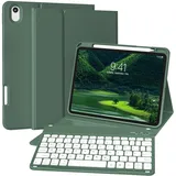 ZKTUYU Hülle mit Tastatur für iPad A16 11/10 Generation (2025/2022, 11/10.9 Zoll) mit Stifthalter, Magnetische Anti-Detach Tastatur Hülle für iPad 11./10. Gen, QWERTZ Layout Keyboard, Dunkelgrün