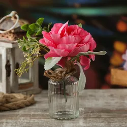 Kunstblumenstrauß in Mini Glasvase - Pfingstrose und Hortensie in Blumenvase - H...