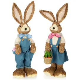 COM-FOUR 2X XXL Stroh Osterhase handgemacht - 58 cm Deko-Osterhase zur Osterdekoration - Dekofiguren für Ostern - Deko-Hase süßes Hasenpaar - Hasenfiguren (02 Stück 58cm Frau+Mann)
