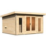 Woodfeeling Karibu Saunahaus Mainburg 2 mit Vorraum - 38 mmnaturbelassen Set C (Sauna B 1,34 x T 1,34 m mit 2 Liegen 57/52 cm) Ohne Ofen inkl. 8-teiligem gratis Zubehörpaket (Gesamtwert 191,92€)