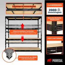 Proregal Schwerlastregal Rhino HxBxT 200x200x60cm 4 Spanplatten-Ebenen 8mm Fachlast 500kg Schwarz Metall, 200x200x60 cm, Freizeit, Heimwerken, Werkstatt, Schwerlastregale