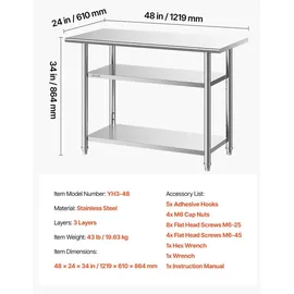 Vevor Gastronomie Arbeitstisch 1219 x 610 x 864 mm, Edelstahltisch mit 3 Ebenen & Höhenverstellbaren Ablagen Belastbarkeit Top 245 kg & 2 Unterablagen je 204 kg Vorbereitungstisch für Restaurant
