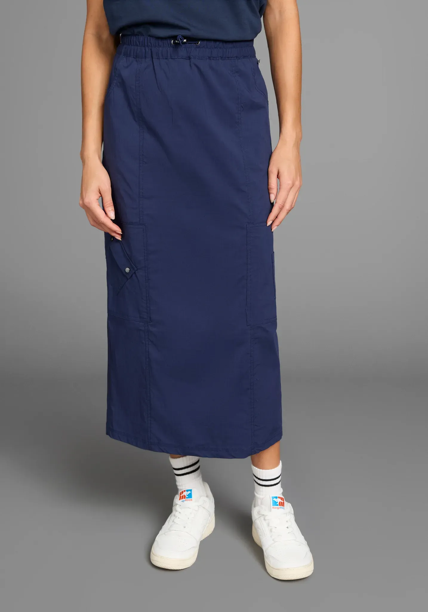 Cargorock KANGAROOS, Damen, Gr. 34, blau (marine), Web, Obermaterial: 50% Baumwolle, 46% Polyamid, 4% Elasthan, bequem lang, Röcke Cargorock, mit elastischem Bund und Schlitz hinten