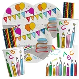 spielum 68-teiliges Party-Set Schulstart - Einschulung - Teller Becher Servietten Trinkhalme für 16 Personen