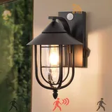 Pageone Vintage 3 Modi Außenlampe mit Bewegungsmelder Schwarz Außenleuchte mit Bewegungsmelder, E27 Aussen Lampe aus Metall Käfig und Glas Schirm, Aussenleuchten für Haus Garten (Schwarz)