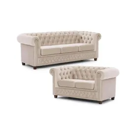 S-Style Chesterfield Polstergarnitur Samt 3-Sitzer + 2-Sitzer Beige