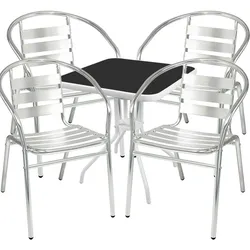 Mojawo Bistrogarnitur 5-tlg. Metall weiß Glasplatte schwarz + 4 Bistrostühle