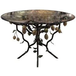 Casa Padrino Luxus Esstisch Schwarz / Gelb / Grün Ø 120 x H. 75 cm - Handgeschmiedeter Schmiedeeisen Tisch mit Glasplatte und Zitronenstrauch Gestell - Esszimmer Garten Terrassen Möbel