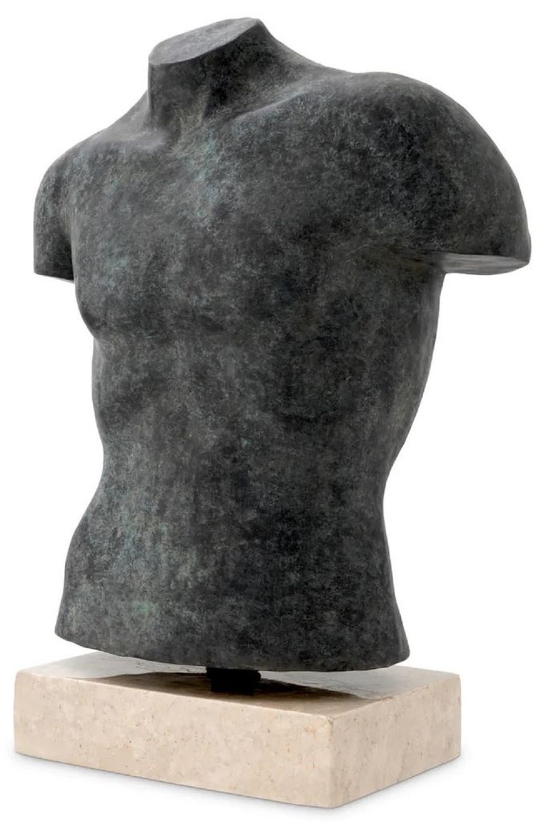 Casa Padrino Luxus Deko Torso Skulptur Antik Bronze / Beige 50 x 23 x H. 66 cm - Metall Deko Figur mit Marmorsockel - Wohnzimmer Deko - Schreibtisch Deko - Büro Deko - Deko Accessoires