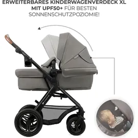 Kinderkraft MOOV2 AIR Kinderwagen 3 in 1 Kinderwagenset bis 26 kg mit Kindersitz I-SIZE 40-75 cm, Buggy Funktion, Liegeposition verstellbar, Große ausziehbare Verdeck, Aufblasbare Räder, Hellgrau