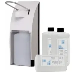 Blanc HYGIENIC SET: Armhebelspender, EURO Spender, EDELSTAHL + 6x 0,5-Liter Haut- und Händedesinfektion - PRODUKTSET