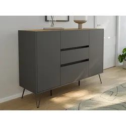 Sideboard Kommode Daro 140cm Greifraum 3 SoftClose 2 Türen Grafit/Eiche Top