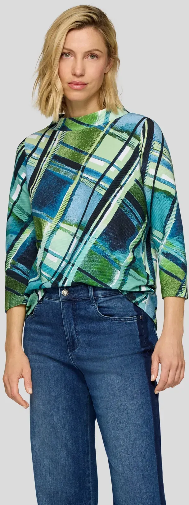 3/4-Arm-Shirt RABE, Damen, Gr. 40, bunt (pazifik), Web, Obermaterial: 76% Baumwolle, 16% Polyester, 8% Elasthan, bedruckt, lässig geschnitten hüftbedeckend, Rundhals, Shirts 3/4-Arm-Shirt, mit grafischem Muster und Stehkragen