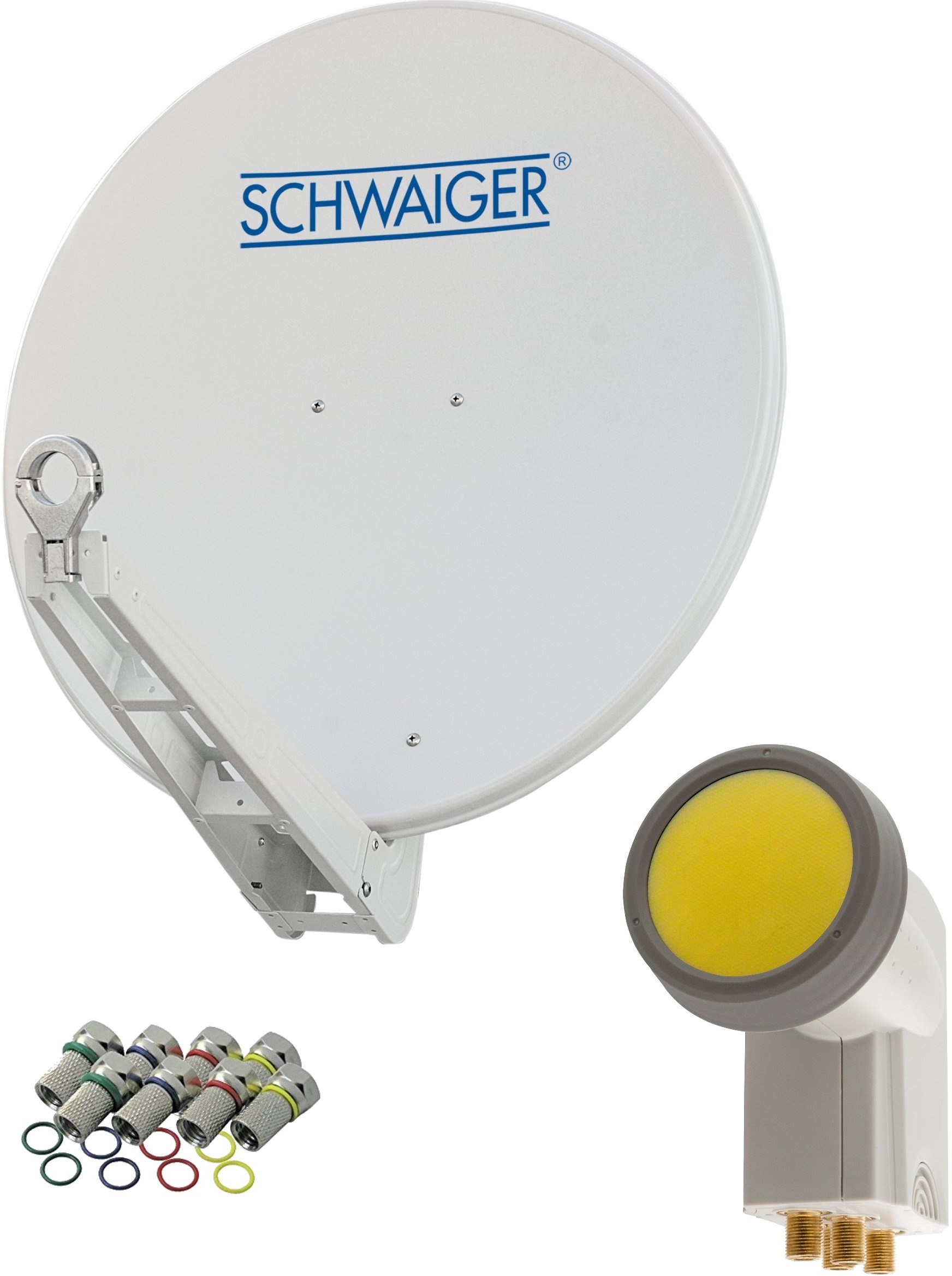 SCHWAIGER -4623- Sat Anlage, Satellitenschüssel mit Quad LNB (digital) & 8 F-Steckern 7 mm, Sat Antenne aus Aluminium, Hellgrau, 75 x 80 cm