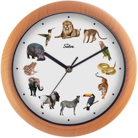 SELVA Tieruhr, Wanduhr, mit Tierlauten zu jeder Stunde und farbenfrohe Illustrationen, Gehäuse aus Kunststoff, Holzoptik, Farbe:Zoo