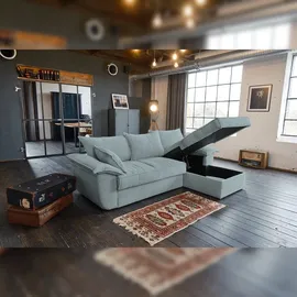 KAWOLA Sofa DAMETO Ecksofa Bettsofa Schlafsofa mit Stauraum Cord hellblau