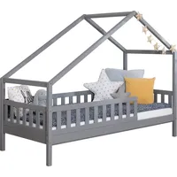 TICAA TiCAA Hausbett Bodenbett wandelbar mit asymmetrischem Dach "Lou" 90/100/120/140x200 cm für Jungen & Mädchen, inkl. Rolllattenrost & Rausfallschutz, Montessori Bett aus Kiefer Massivholz