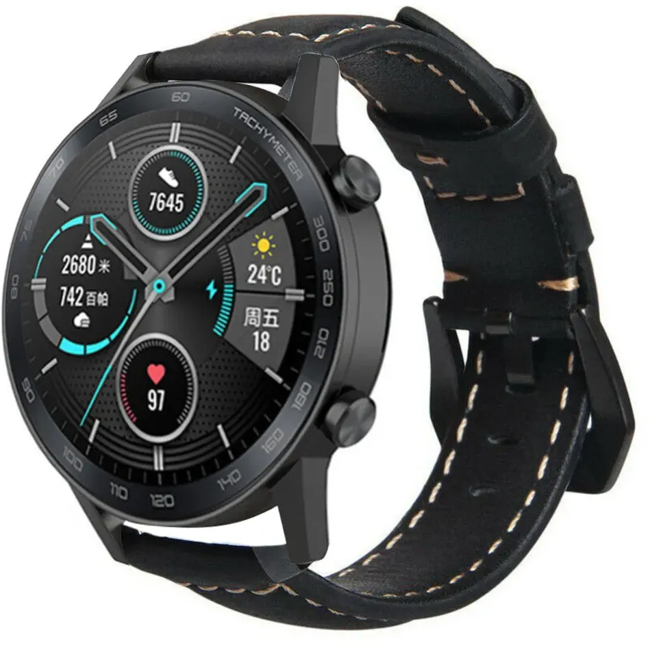 Strap-it Honor Magic Watch 2 Armband Leder für Honor Magic Watch 2 - 46mm - Schwarz - Schnallenverschluss