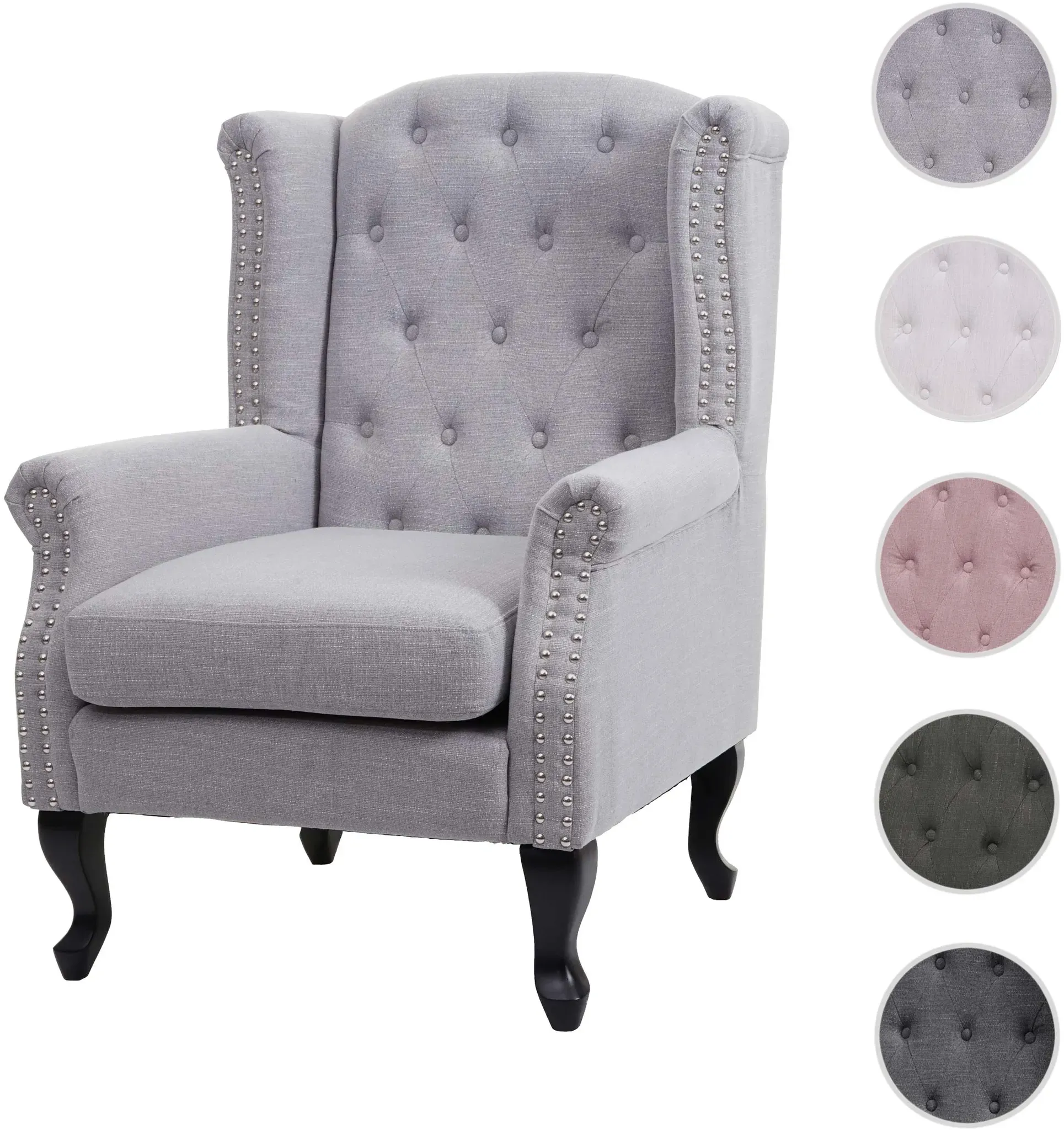 Sessel Chesterfield, Relaxsessel Clubsessel Ohrensessel, wasserabweisend Stoff/Textil ~ grau ohne Ottomane