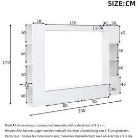 stilvora Wohnwand aus MDF in Weiß, 245 x 30 x 170 cm, Hochglanz, viel Stauraum