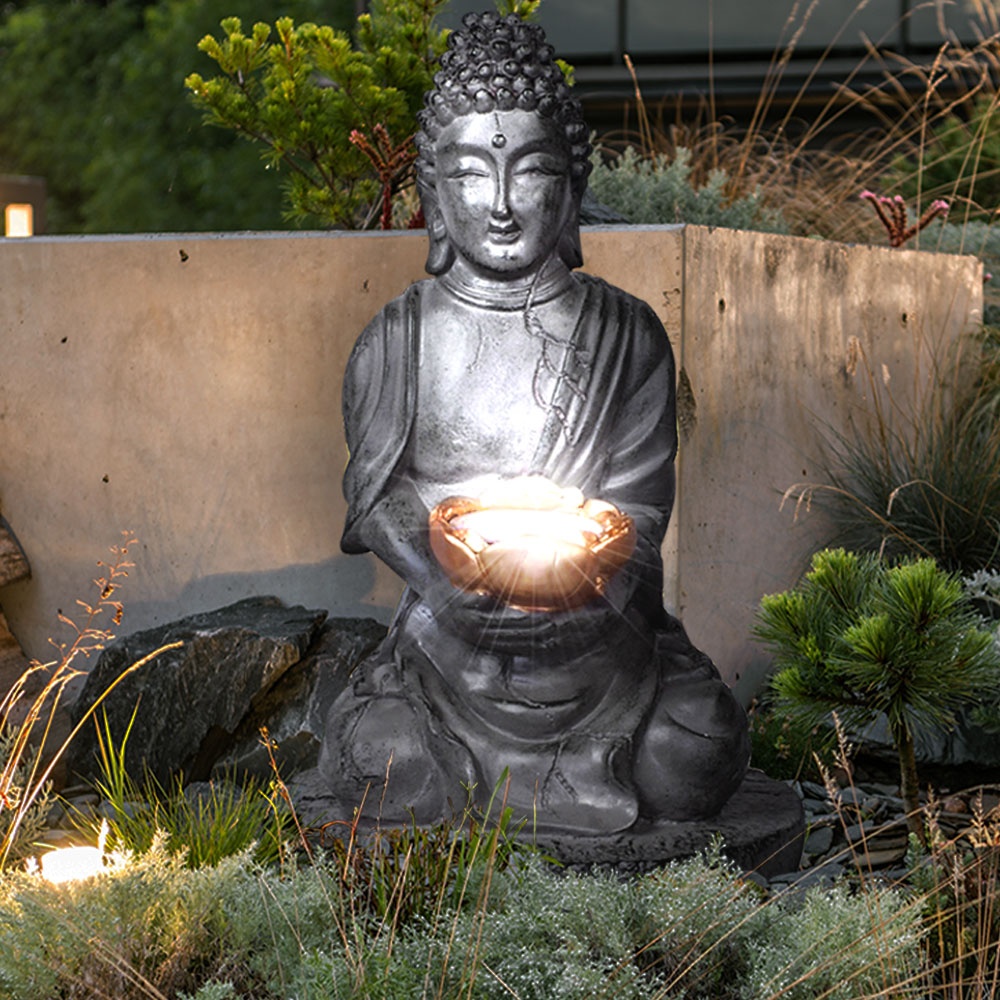 Solarleuchte Buddha Gartendeko Feng Shui Buddha Solarlampe, grau, 1x 0,06 Watt, DxH 18x28 cm, 2er Set
